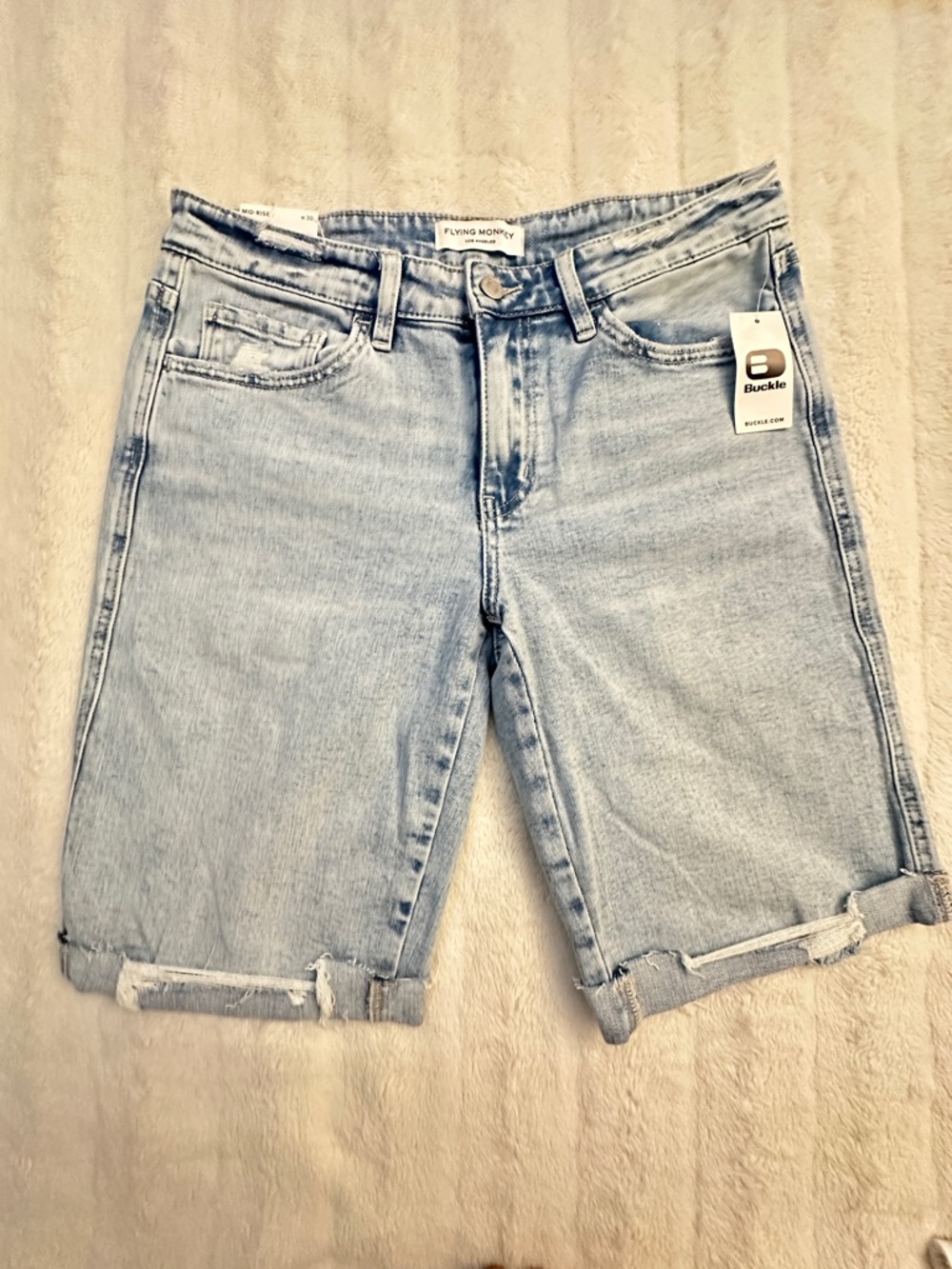 Buckle/Flying Monkey Light Blue Rolled Hem Denim Mid Rise Bermuda Shorts